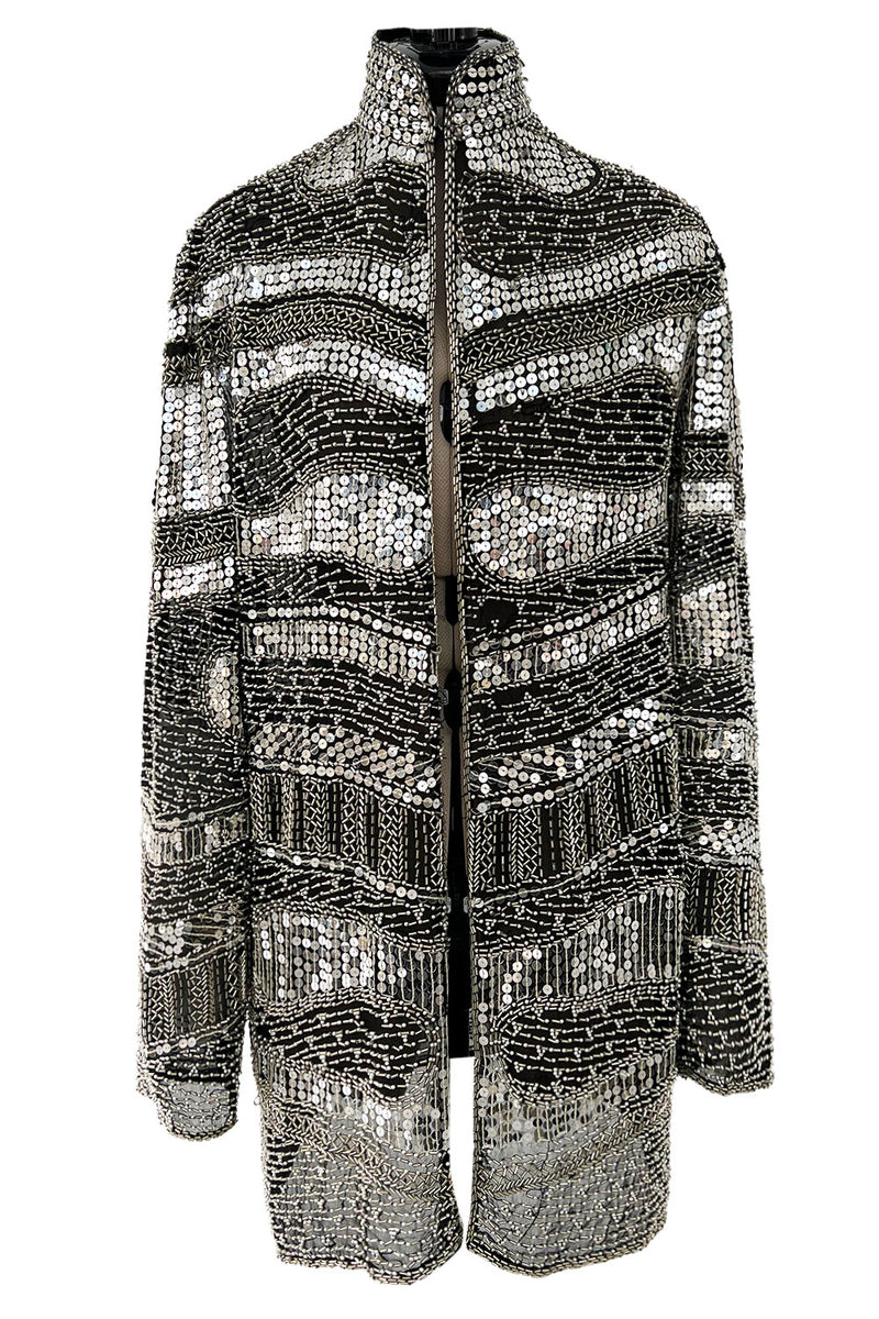 Sparkly Spring 1981 Halston Silver Sequin & Beaded Black Silk Chiffon Jacket