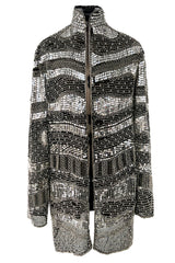 Sparkly Spring 1981 Halston Silver Sequin & Beaded Black Silk Chiffon Jacket