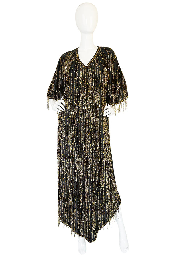 Incredible 1970s Completely Gold Beaded Fringe Black Caftan