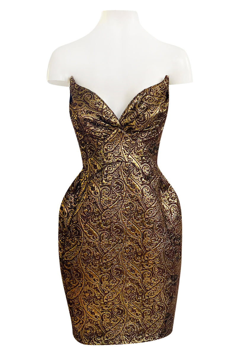 Documented Fall 1997 Thierry Mugler Gold Bronze Brocade Strapless Dres Shrimpton Couture Documented Fall 1997 Thierry Mugler Gold Bronze Brocade Strapless Dres Shrimpton Couture