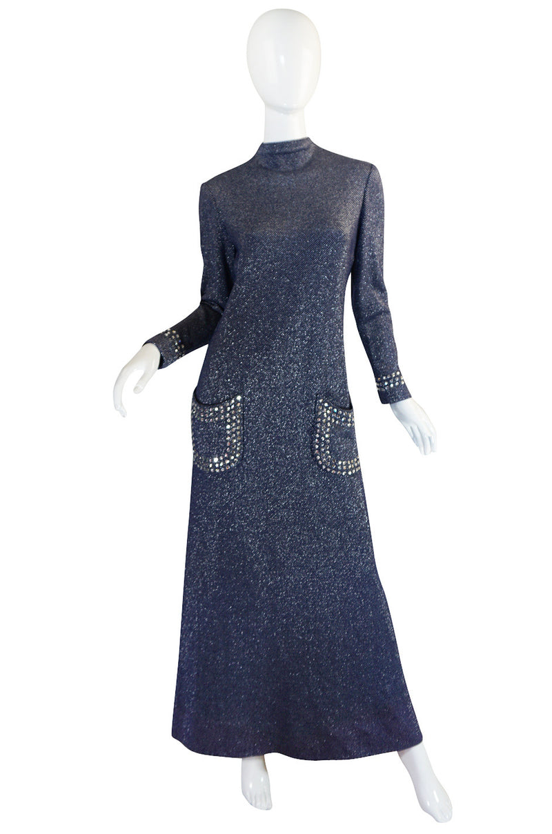1970s Pauline Trigere Blue Lurex & Rhinestone Dress