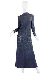 1970s Pauline Trigere Blue Lurex & Rhinestone Dress