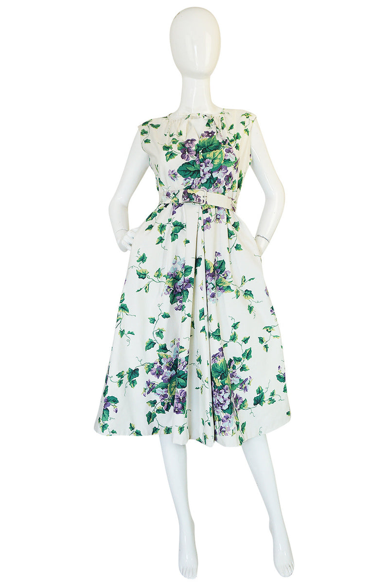 Beautiful 1950s Crisp Violet Print on a White Cotton Dress