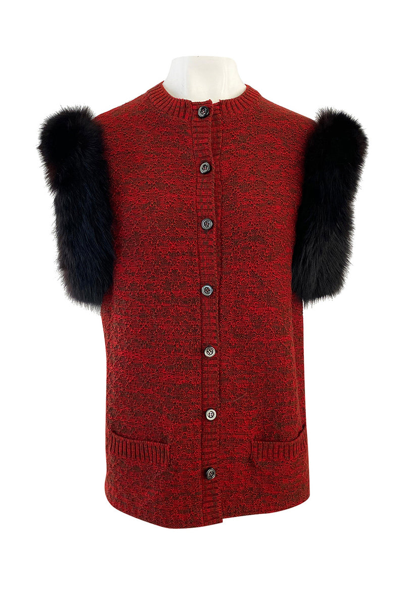 c1973 Yves Saint Laurent Deep Red Sleeveless Sweater Vest w Black Fox Trim & Pockets
