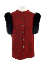 c1973 Yves Saint Laurent Deep Red Sleeveless Sweater Vest w Black Fox Trim & Pockets
