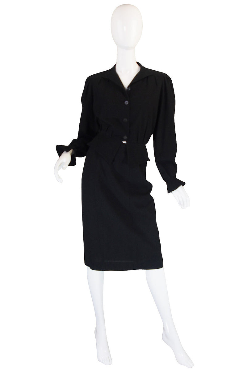 1970s Black Crepe Jean Muir Peplum Suit