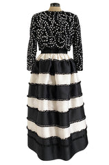 Spring 1988 Bill Blass Sequin Bodice w Ribbon Rosettes Black & White Silk Organza Dress