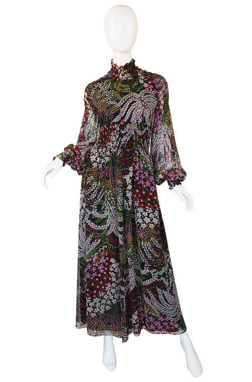 1970s Scott Barrie Silk Ruched Maxi Dress