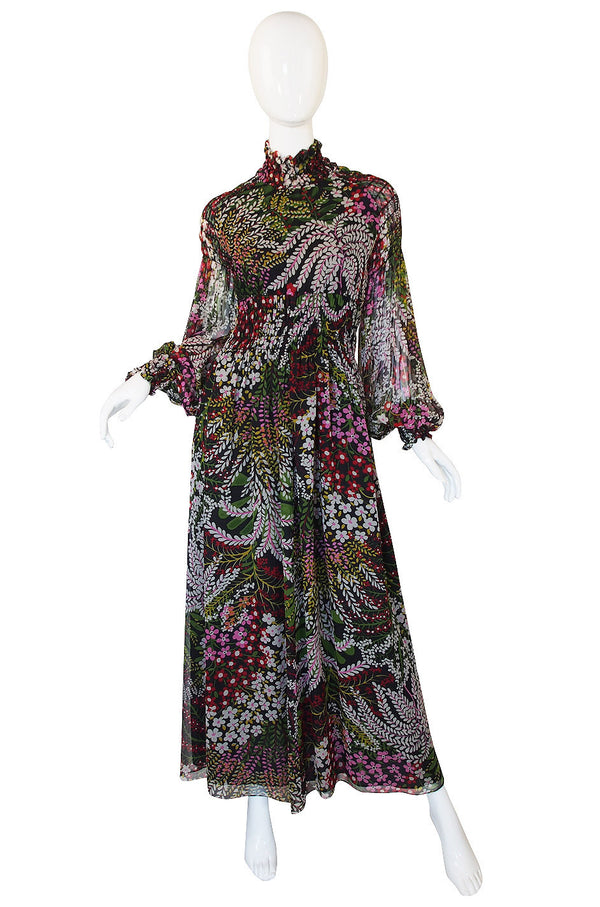 1970s Scott Barrie Silk Ruched Maxi Dress