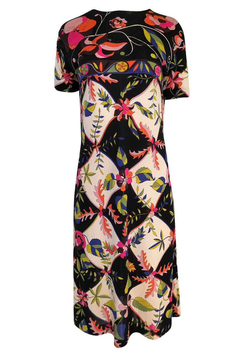 1960s Emilio Pucci Unusual Bright Floral & Black Print Silk Jersey Dress