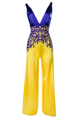 c.2006 Balestra Roma Haute Couture Purple & Yellow Embellished Silk Jumpsuit