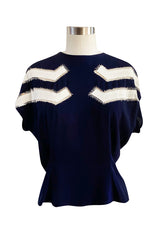 Wonderful 1940s Deep Blue Silk Top w Button Back, Front White Insets & Open Cut Work