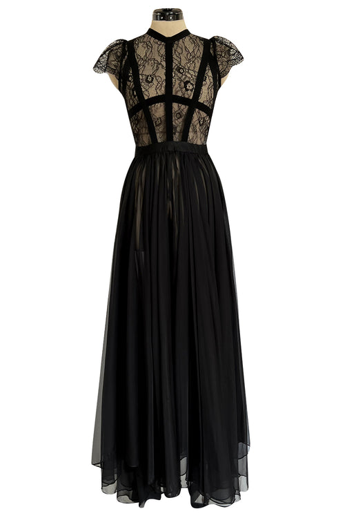 Gorgeous 2000s Valentino Roma Sheer Black Chiffon & Banded Lace Bodice Dress