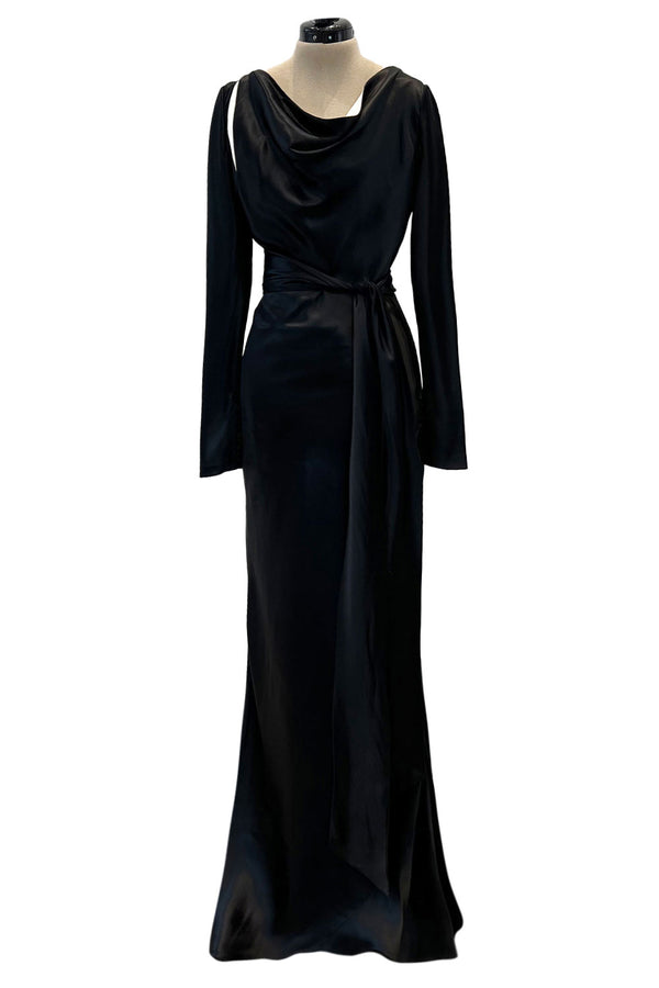 Incredible 2007 Alexander McQueen Original Bias Cut Black Silk Satin Dress w Tie Belt