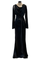 Incredible 2007 Alexander McQueen Original Bias Cut Black Silk Satin Dress w Tie Belt