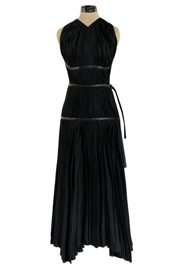 Iconic Fall 2002 Prada Runway & Museum Held Pleated Black Silk & Leather Strap Dress