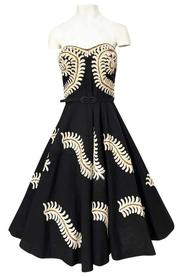 1950s Heavy Cotton / Canvas Strapless Dress  w Hand Applied Cord Applique