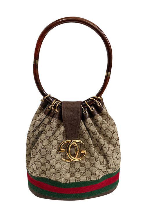 Rare & Original 1970s Gucci Bucket Canvas Logo & Leather Bag w Lucite Handle