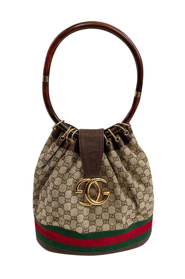 Rare & Original 1970s Gucci Bucket Canvas Logo & Leather Bag w Lucite Handle