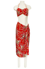 Rare 1930s 1940s Hawaiian Novelty Print Sarong & Halter Set w Fused Sequins