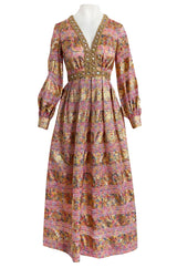1960s Possible OLDR Metallic Pink & Gold Organza Dress w Gold Braid & Rhinestones