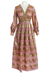 1960s Possible OLDR Metallic Pink & Gold Organza Dress w Gold Braid & Rhinestones