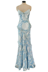 Iconic Fall 2004 John Galliano Bias Cut Blue Dress w Ruffles & Metallic Silver Detailing