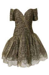c.1984 Vicky Tiel Couture Metallic Gold & Black Lace Pouf Skirt Mini Dress