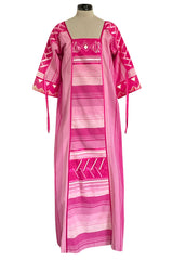 1960s Josefa Hand Made Mexico Pink Caftan Dress w Embroidery & Ribbon Details