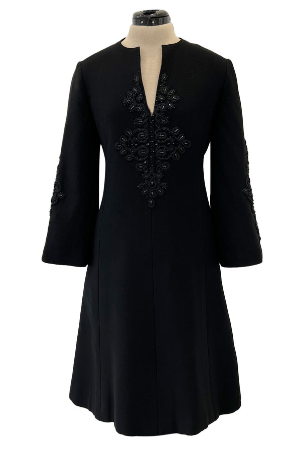 Gorgeous 1960s Alberto Fabiani Roma Black Dress w Elaborate Beaded Cord Detail