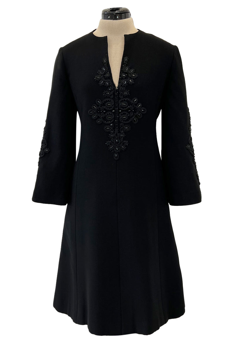 Gorgeous 1960s Alberto Fabiani Roma Black Dress w Elaborate Beaded Cord Detail