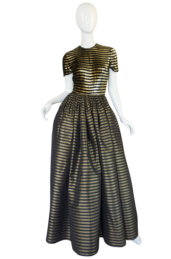 1980s James Galanos Couture Gold & Black Striped Silk Dress