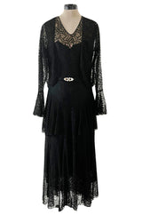Light as Air Late 1920s Unlabeled Fine Black Lace Dress w Matching Jacket & Rhinestone BuckleBelt