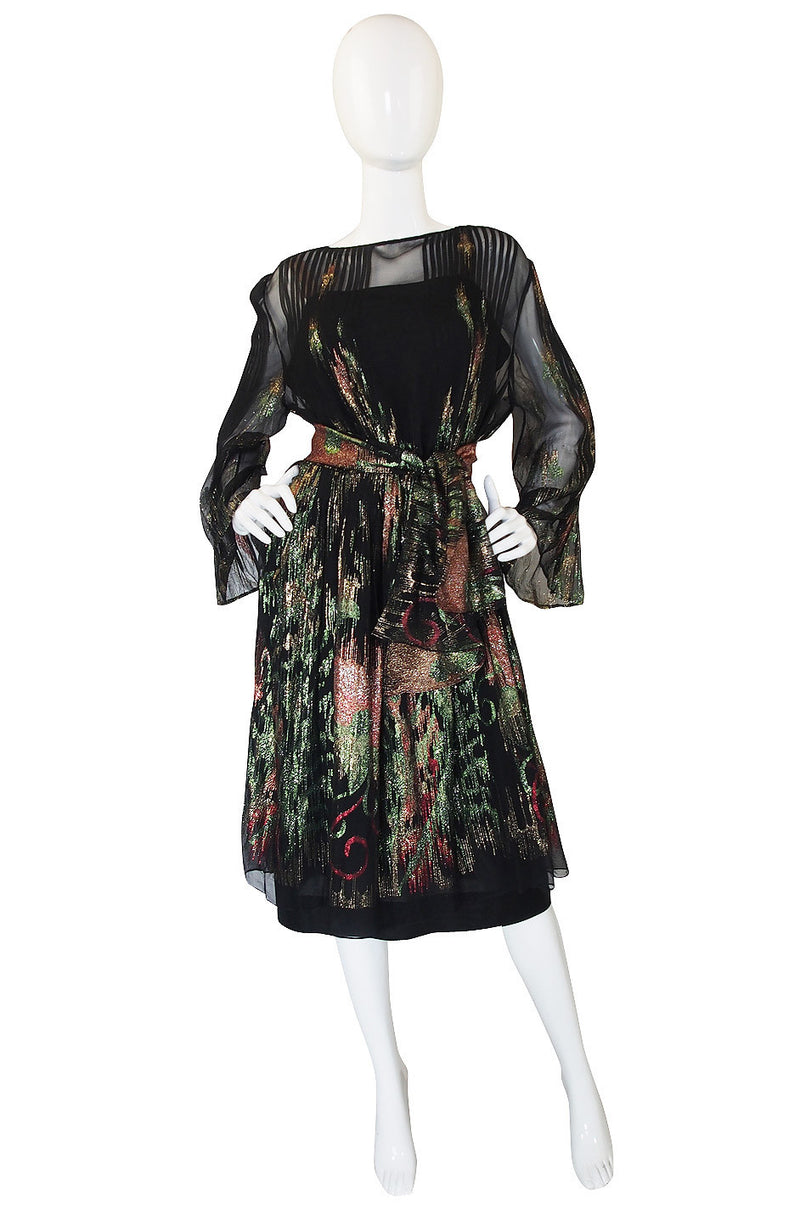 1970s Silk Chiffon Metallic Trigere Dress