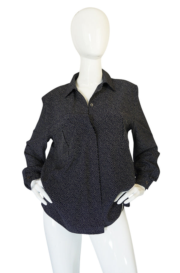 1970s Miss Valentino Navy Dot Silk Shirt