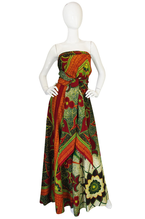 1970s Multi Tie Bohemian Cotton Batik Print Maxi Dress