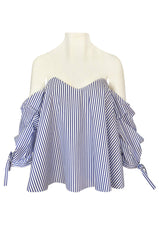 Recent Caroline Costas Blue & White Striped Pouf Sleeved Off Shoulder Top