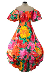 Brilliant Spring 1987 Arnold Scaasi Off Shoulder Silk Twill Floral Dress w Pouf Skirts