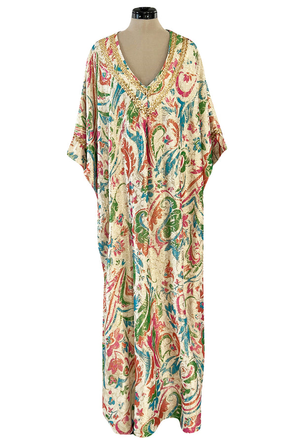 Gorgeous 1960s Lucie Ann Beverly Hills Gold Thread Lame Caftan w Sequin Detailing