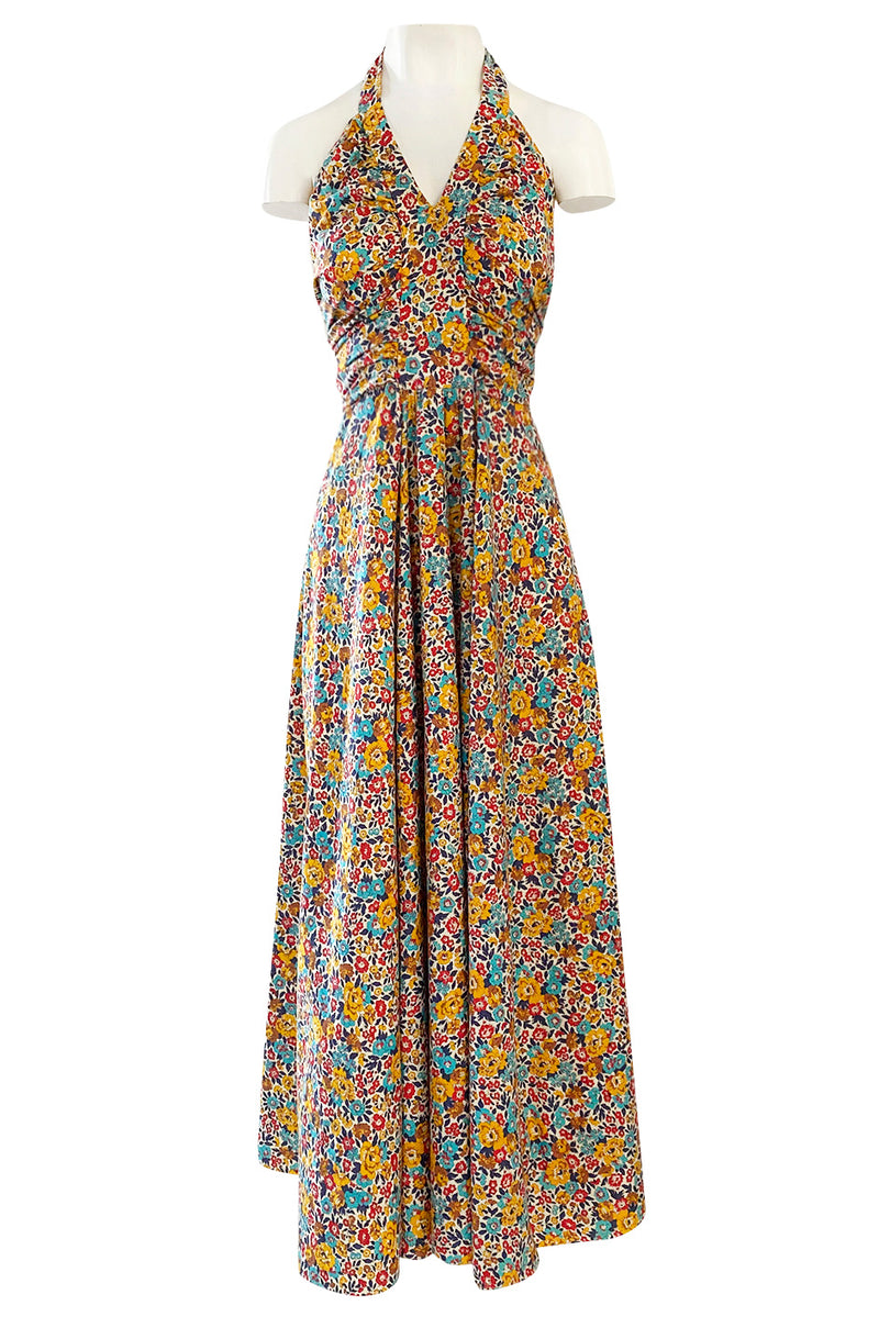 Rare 1970s Annacat Pretty Floral Print Cotton Tie Back Wrap Halter Maxi Dress