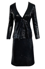 1973 Halston Couture Glossy Black Hand Applied Sequin Skirt & Jacket Evening Suit