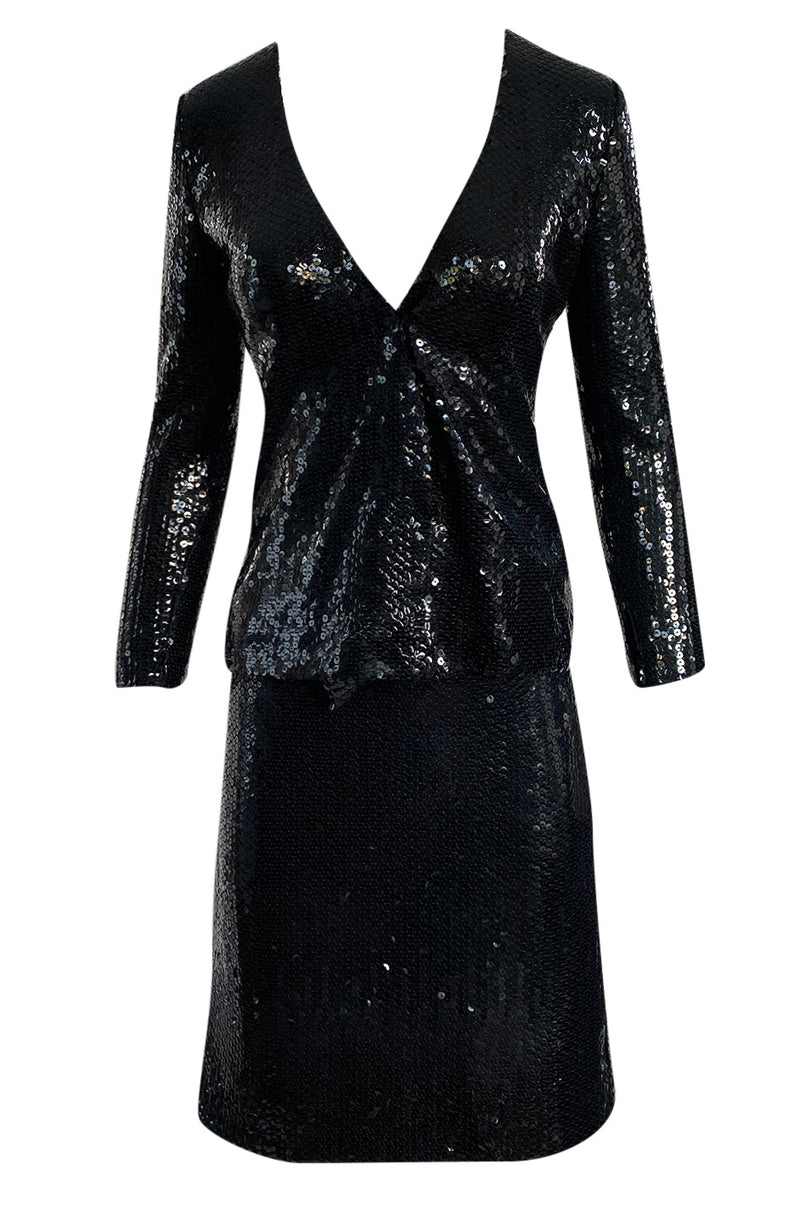 1973 Halston Couture Glossy Black Hand Applied Sequin Skirt & Jacket Evening Suit