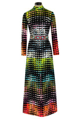 Amazing 1970s Unlabeled Valentina Inc. Rainbow Colored Elaborate Sequin & Bead Detailed Dress