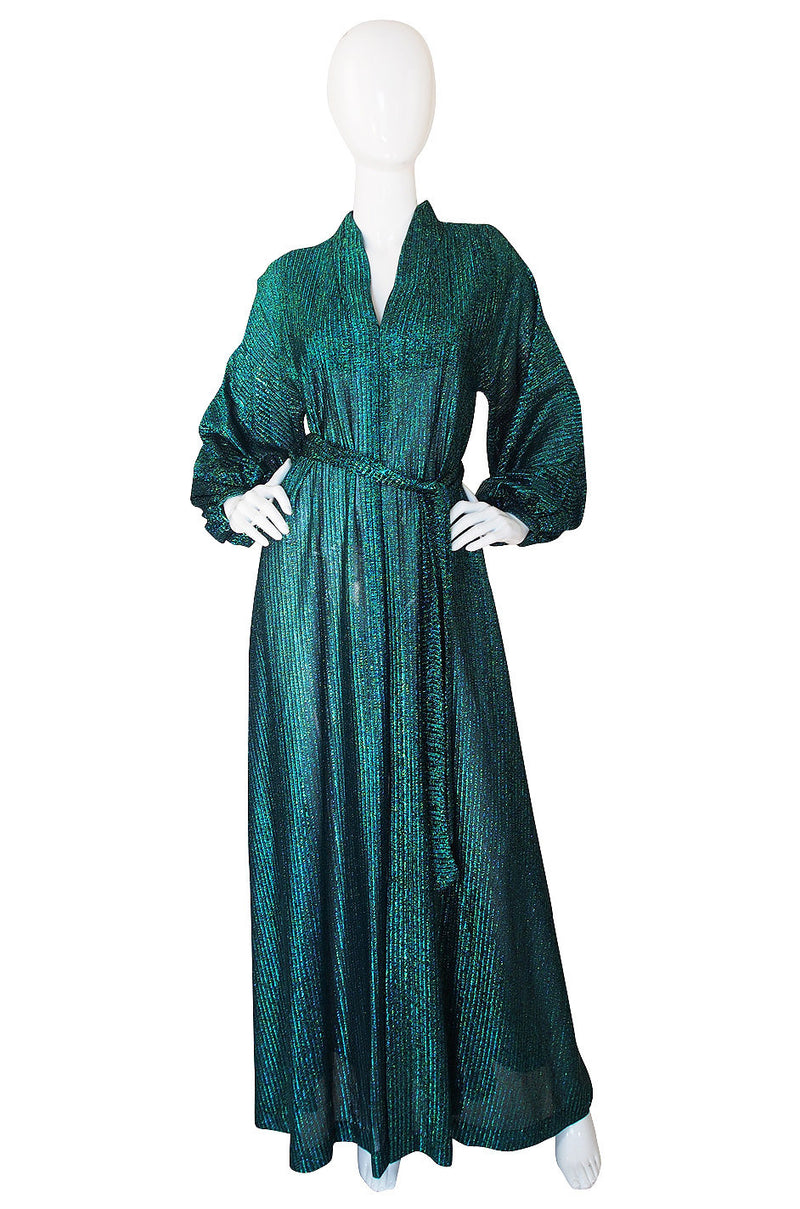 1970s Rare Green Metallic Halston Caftan