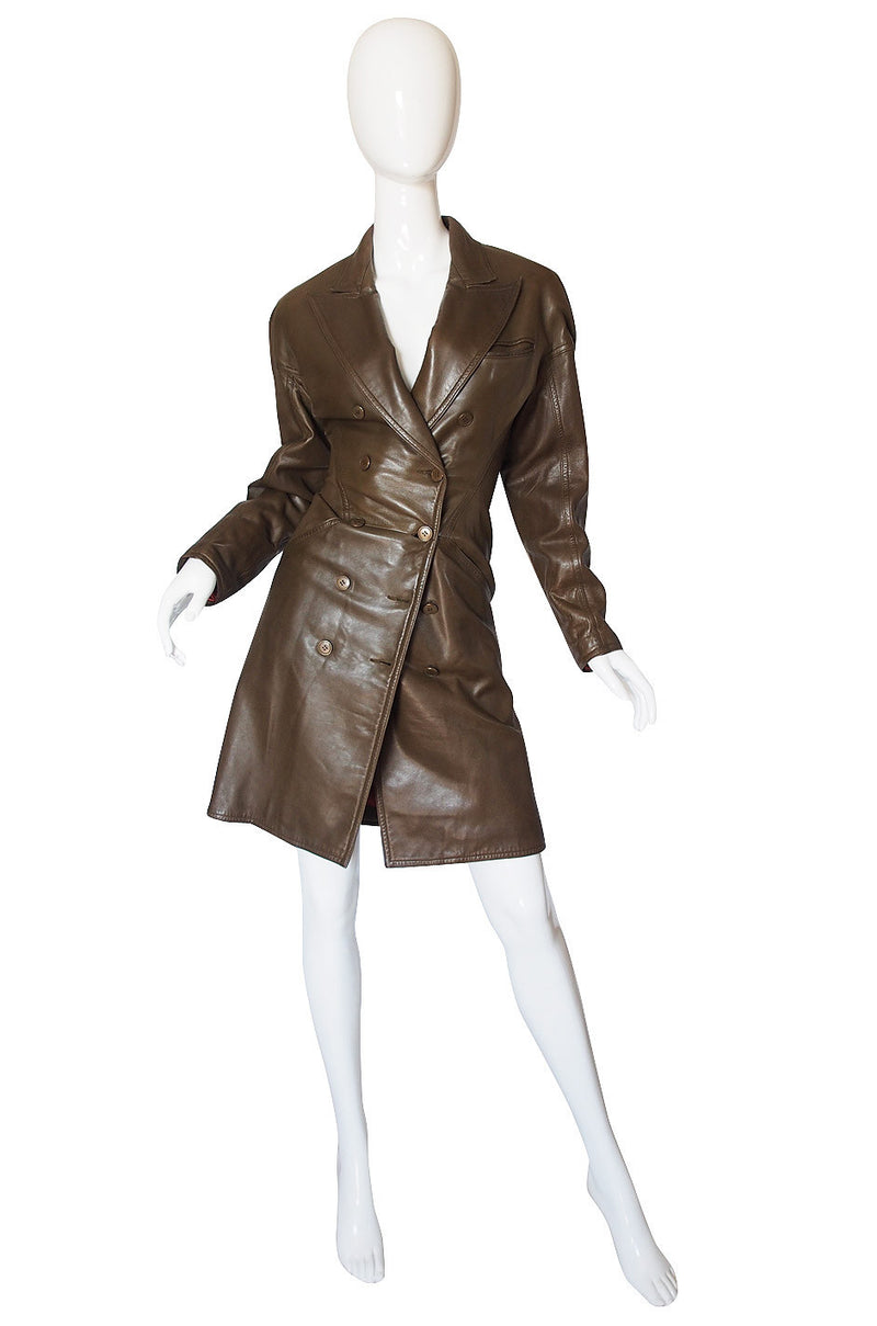 1980s Alaia Olive Leather Bustle Back Coat or Dress