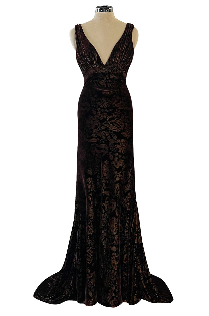 Documented Fall 2004 Richard Tyler Brown Printed Floral Velvet & Beaded Dress w Train & Plunge Back