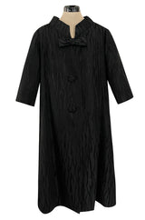 Minimalist 1960s Marty Modell Black Silk Jaquard Brocade Coat w Bow Detail