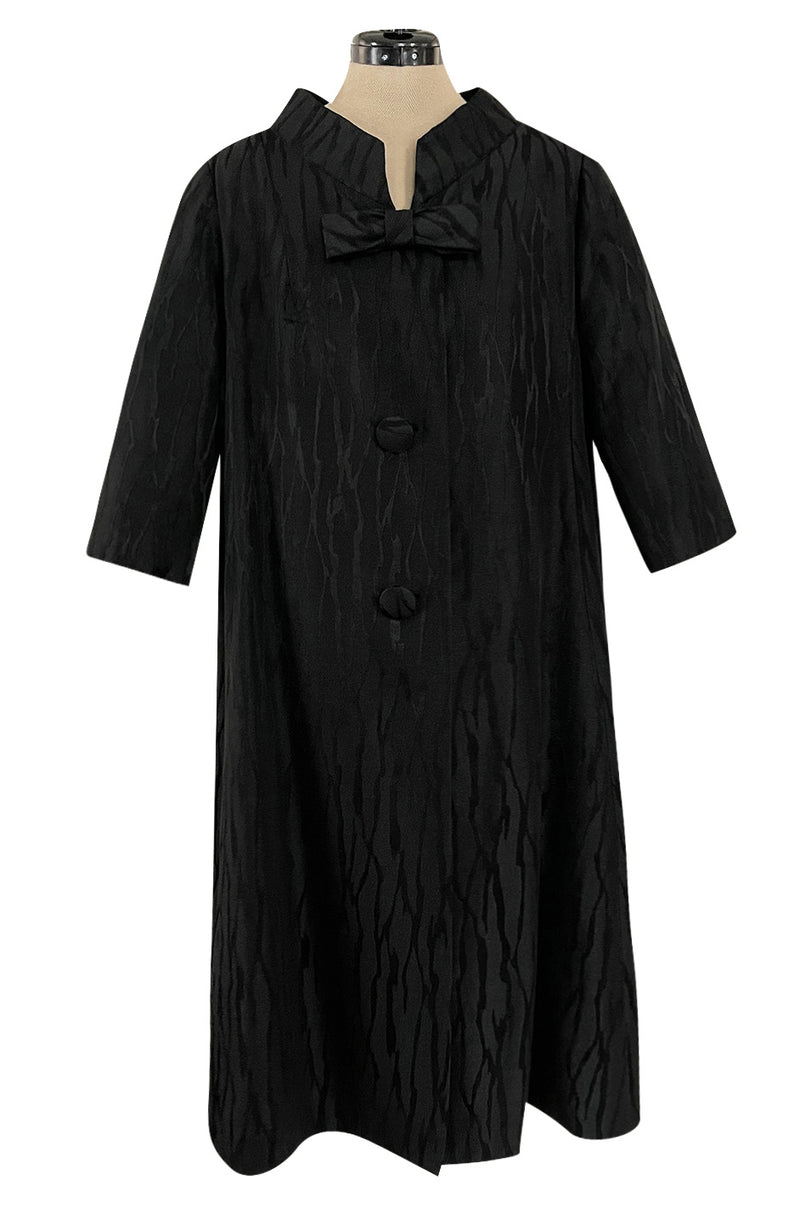 Minimalist 1960s Marty Modell Black Silk Jaquard Brocade Coat w Bow Detail