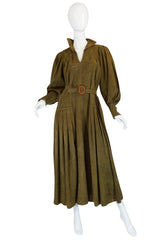 1970s Jean Muir Billowing Sleeve Perforated Olive Suede Dress