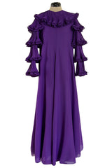 Unusual 1970s Miss Dior Purple Silk Chiffon Tiered & Pleated Sleeve Caftan Dress